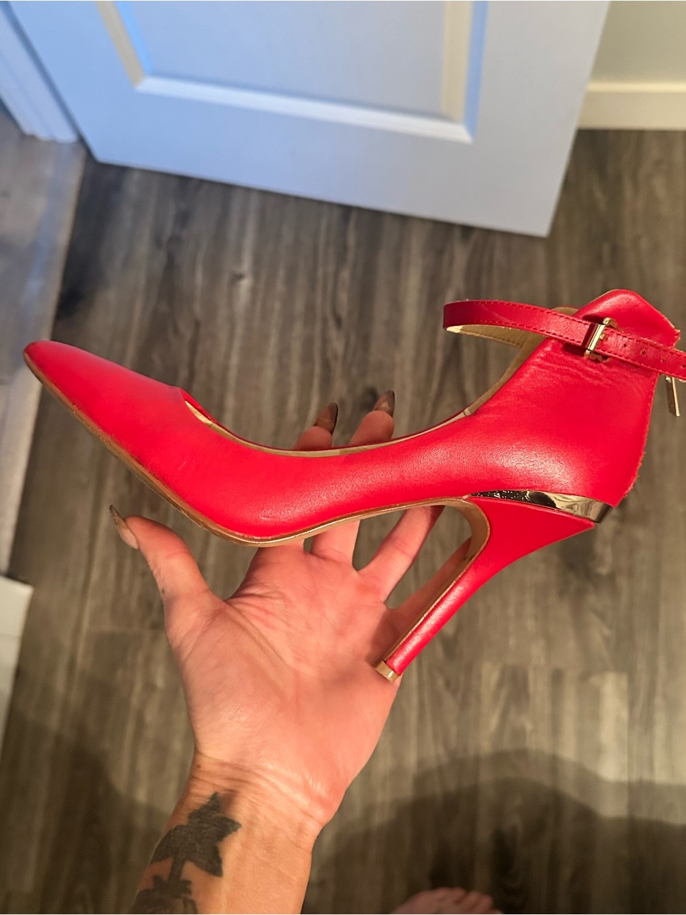 Aldo Red Pointed-Toe Stiletto with Ankle Strap and Gold Accent